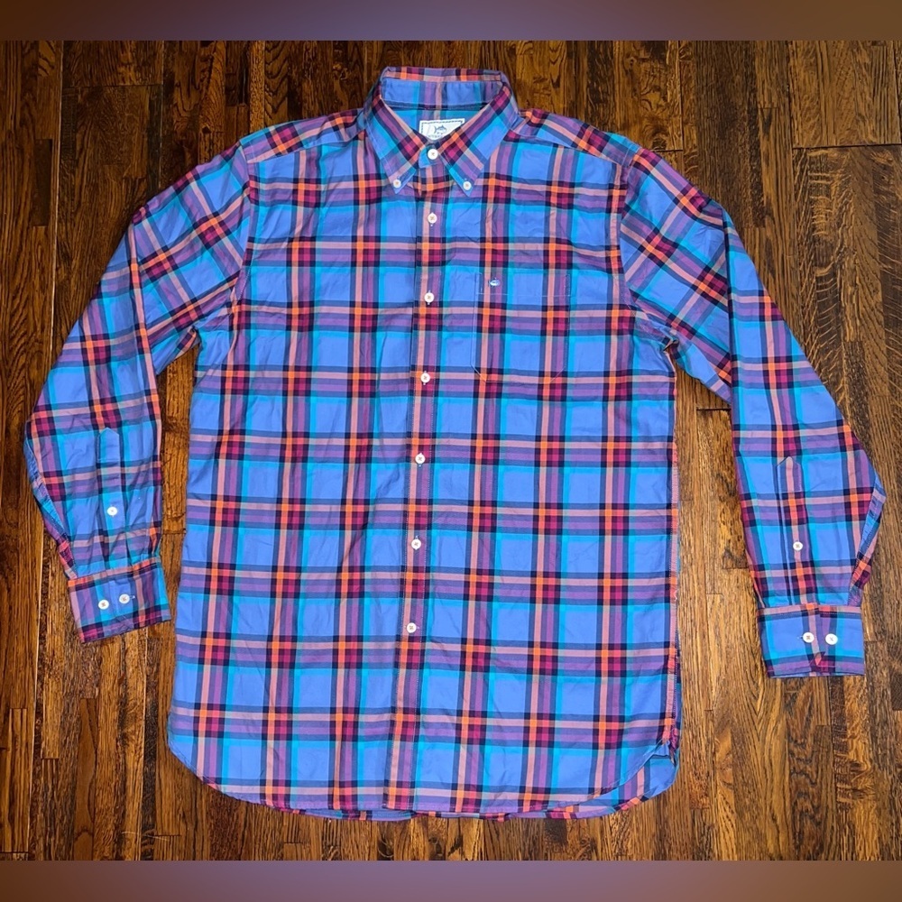SOUTHERN TIDE Plaid Button Down 100% Cotton LS Shirt in Blue/Pink/Orange Size M